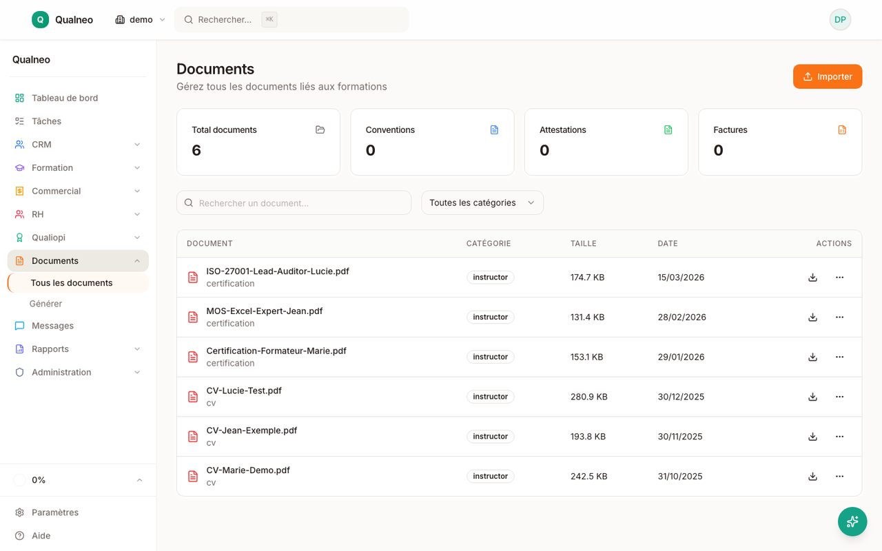 Page documents Qualneo : 11 modèles disponibles avec aperçu et bouton de génération