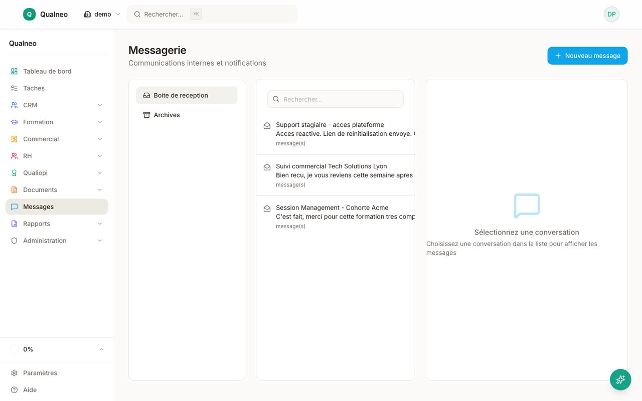 Messagerie interne avec conversation stagiaire et pièces jointes