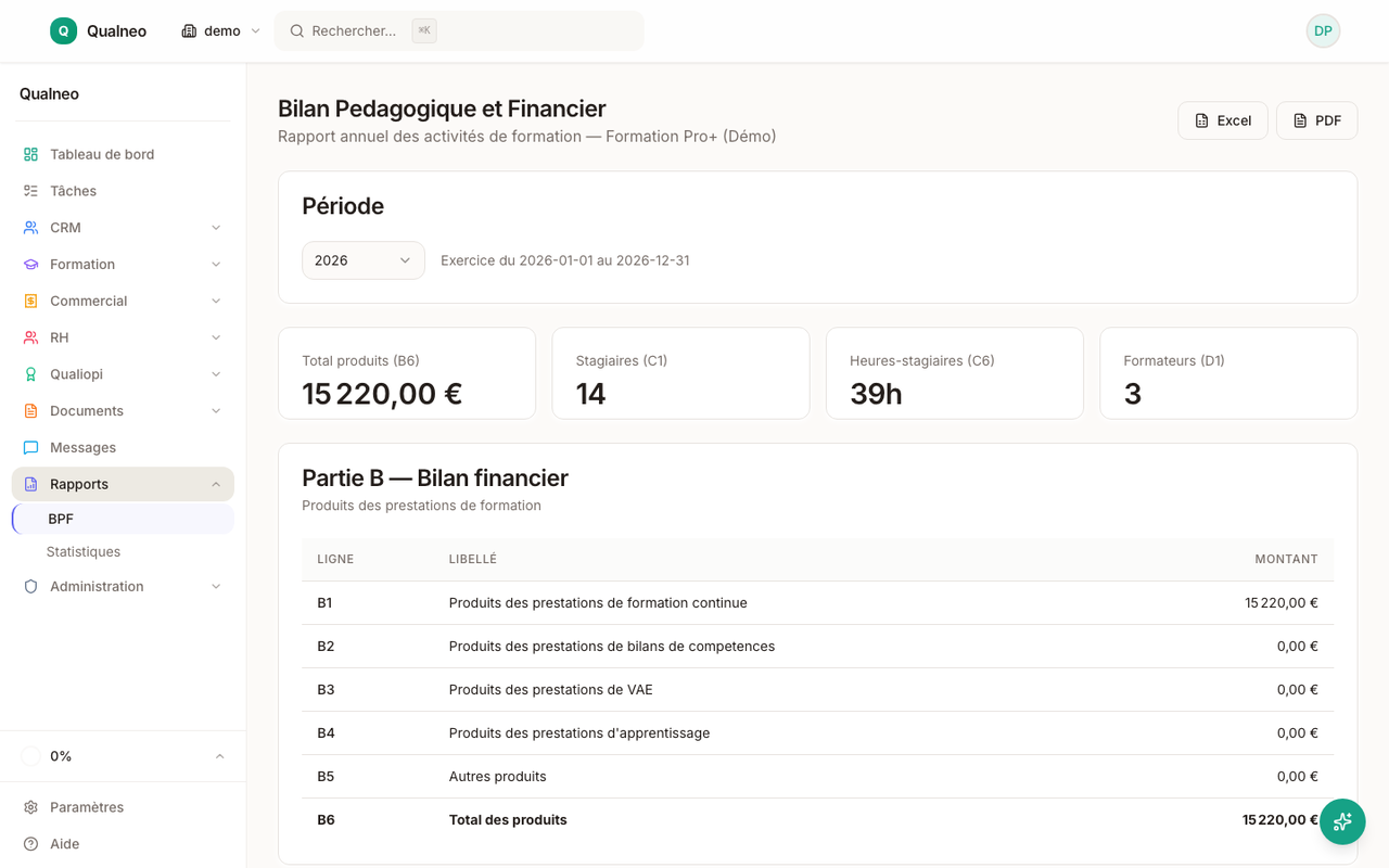 Bilan Pédagogique et Financier avec heures, ventilation NSF et statuts stagiaires